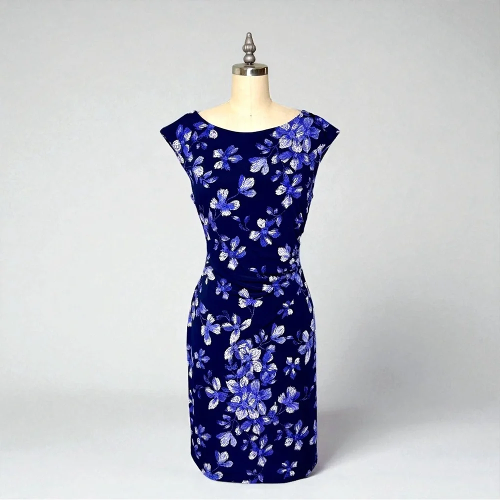 Connected Apparel Blue Floral Ruched Sheath Dress Size 8p - Picture 11 of 11